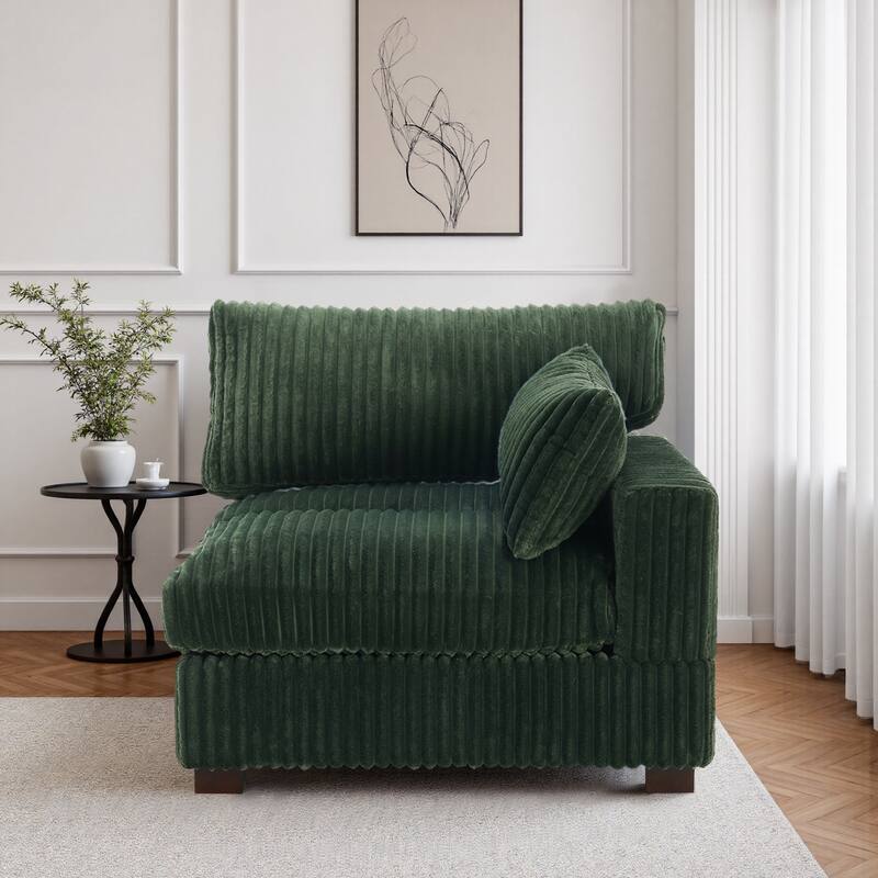 40"W Plush Corduroy Corner Accent Chair Sectional Module with Pillow - Right Facing - Green