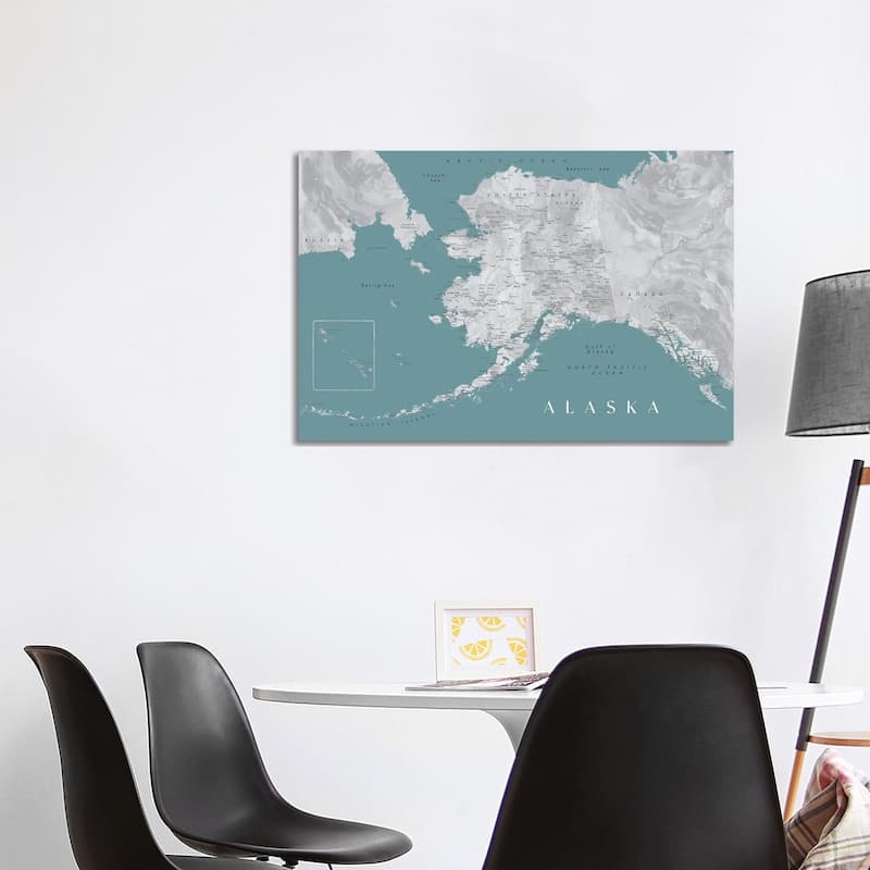 iCanvas "Gray And Teal Watercolor Detailed Map Of Alaska" by blursbyai Canvas Print - 26x40x1.5