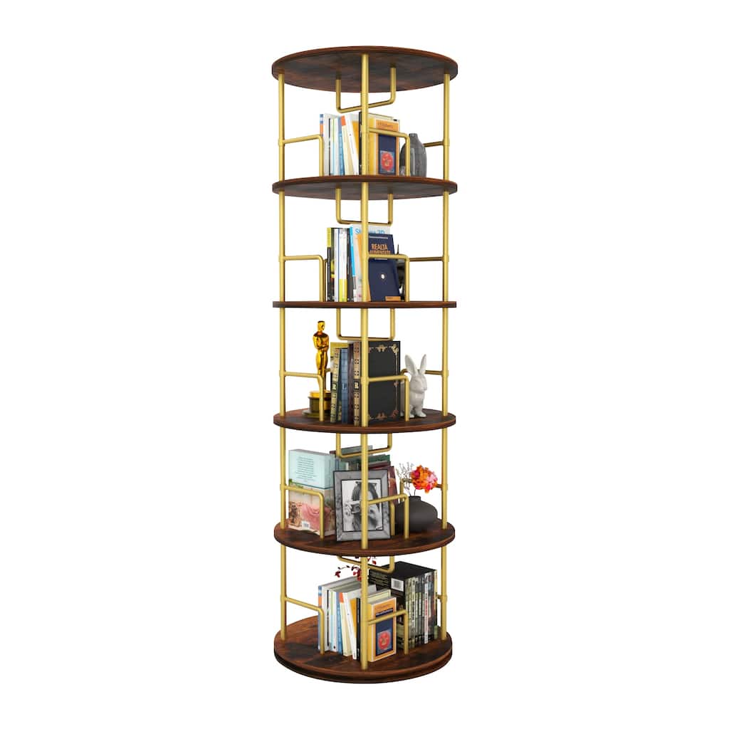 5 Tier Rotating Bookshelf, 360°Display Round Spinning Bookshelf, Wood & Metal Stackable Spinning Bookshelf Tower