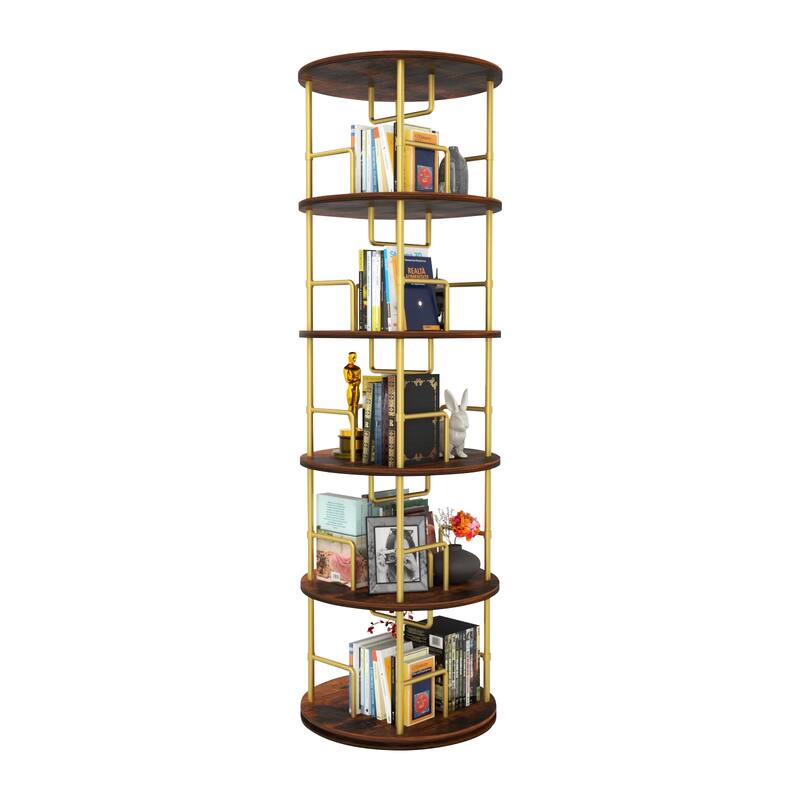 5 Tier Rotating Bookshelf (Gold) - 360° Display Round Spinning Bookshelf, Wood & Metal Stackable Spinning Bookshelf Tower.