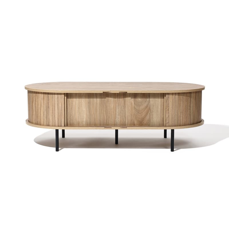 Mid-Century Modern Coffee Table with Storage and Slatted Sliding Doors - 15.7" H x 47.2" W x 23.6" D