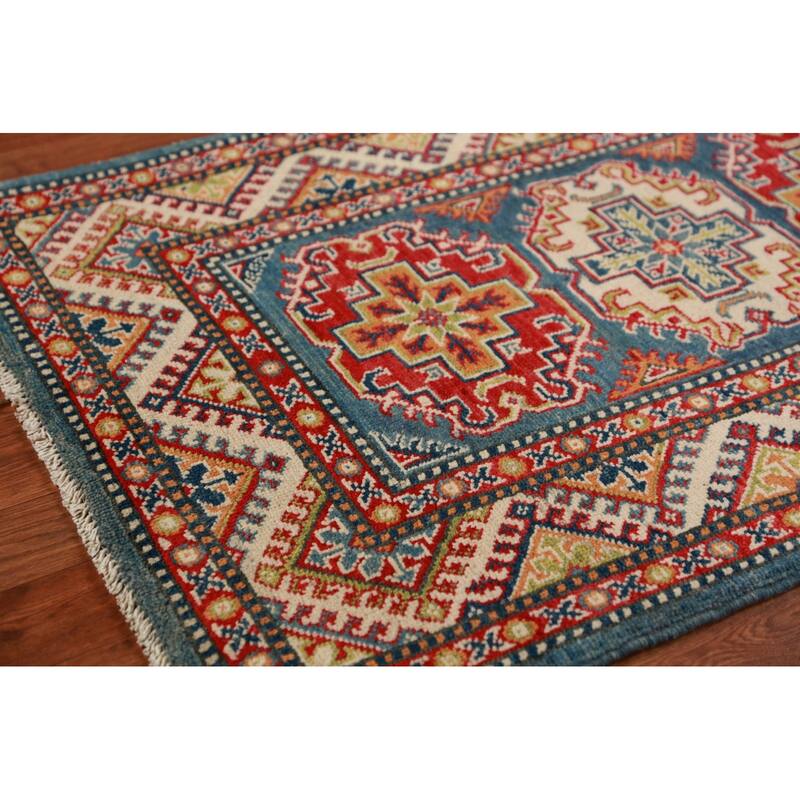 Blue Geometric Kazak Foyer Rug Traditional Handmade Wool Carpet - 2'8"x 3'11"