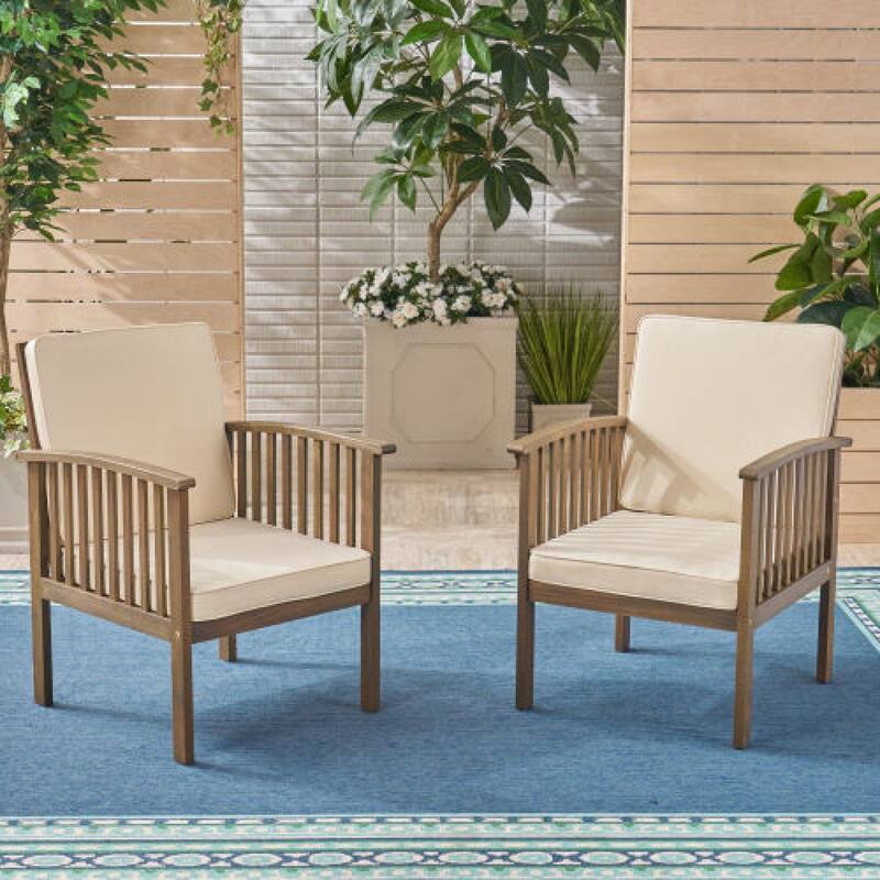 Roomfitters 3-Piece Acacia Wood Patio Set, 2 Modern Club Chairs & Dining Table, Grey Finish with Cream Cushions
