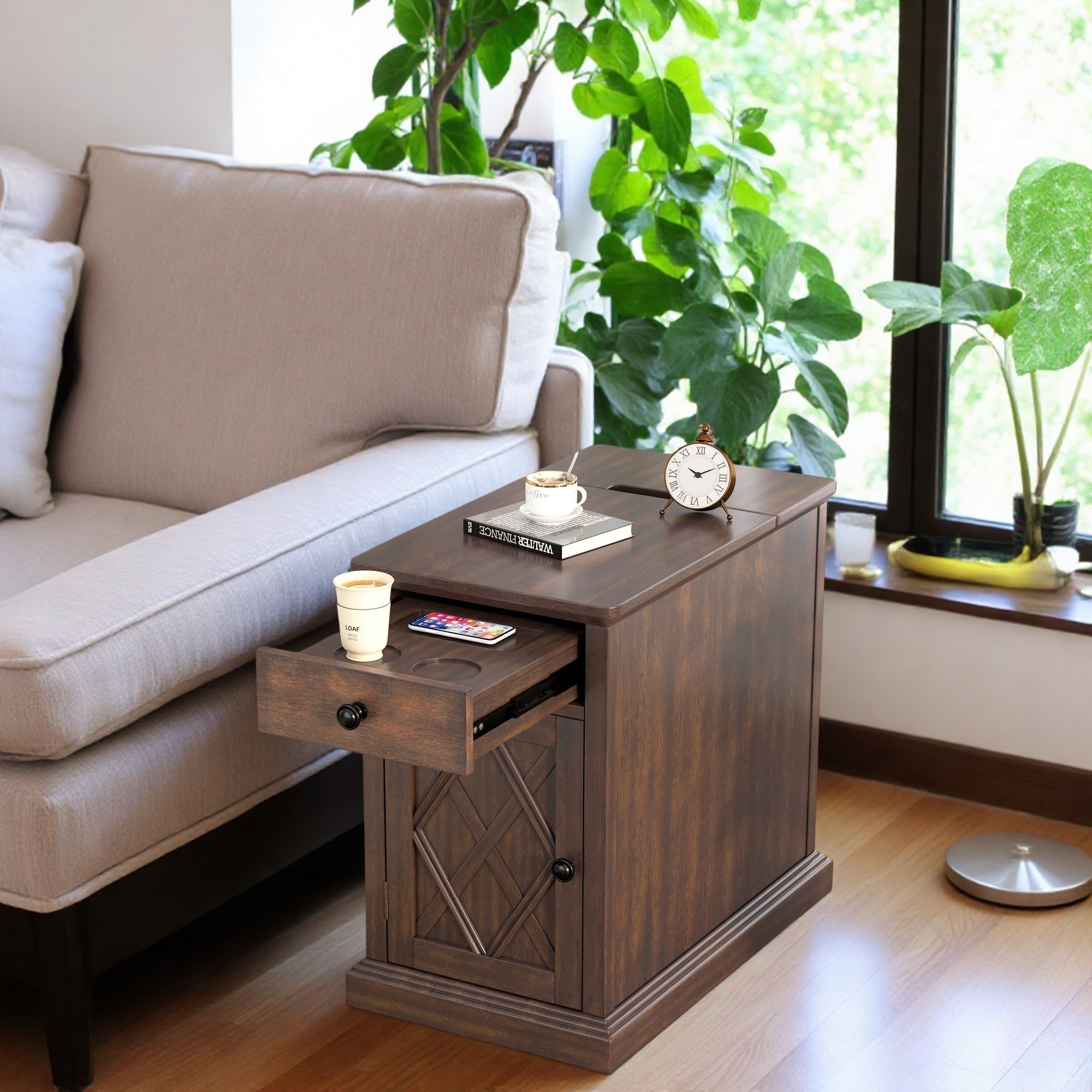 14.2" Classic End Table with USB Ports, Spacious Cabinet and a Smooth-Gliding Drawer for Living Room
