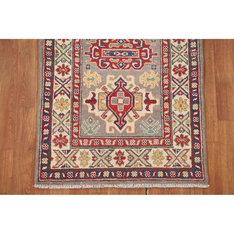 Geometric Kazak Accent Rug Hand-Knotted Grey Wool Carpet - 2'6" x 4'3"