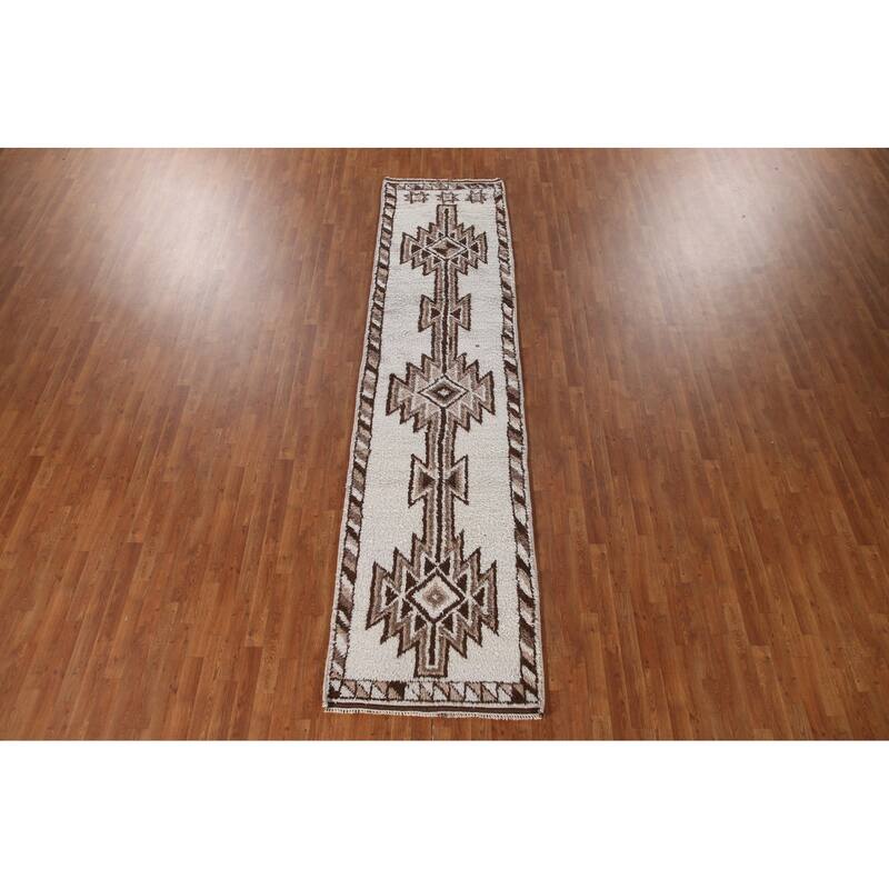 Natural Dye Geometric Anatolian Runner Rug Hand-knotted Wool Carpet - 3'0"x 12'6"