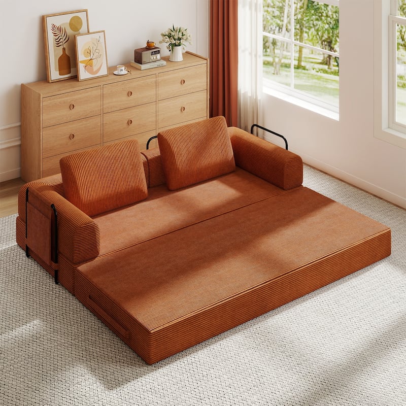 Convertible Sleeper Sofa Bed, Corduroy Folding Sleeper Couch with Pillow, Boneless Couch for Living Room, Floor Lounge Sofa