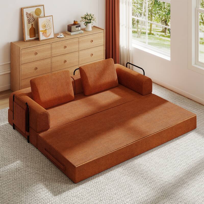 Convertible Sleeper Sofa Bed with Cylindrical Pillow - Corduroy Folding Mattress Couch with Fixed-Shape Frame