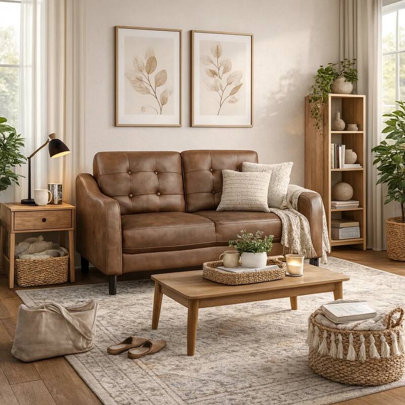 Orry 55 Inch Loveseat, Tufted Back, Brown Microfiber, Black Solid Wood