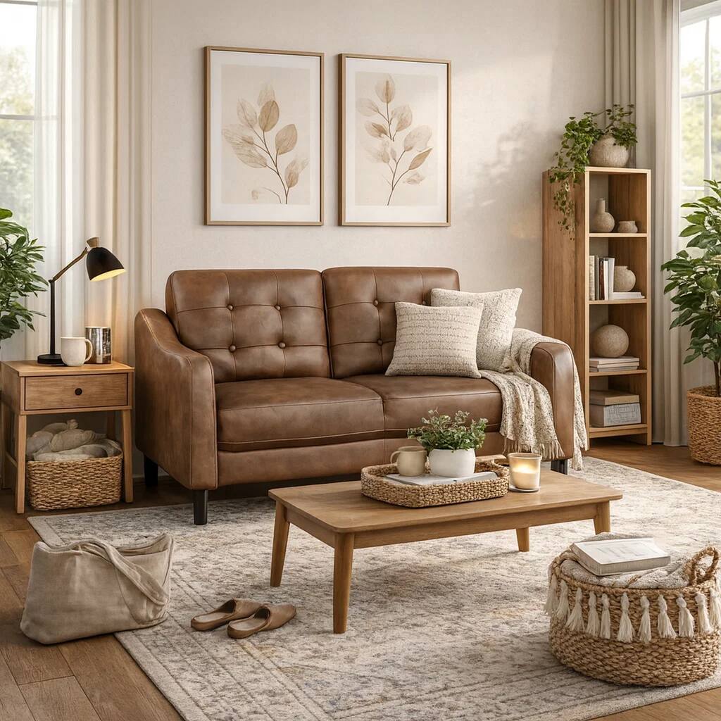 Orry 55 Inch Loveseat, Tufted Back, Brown Microfiber, Black Solid Wood