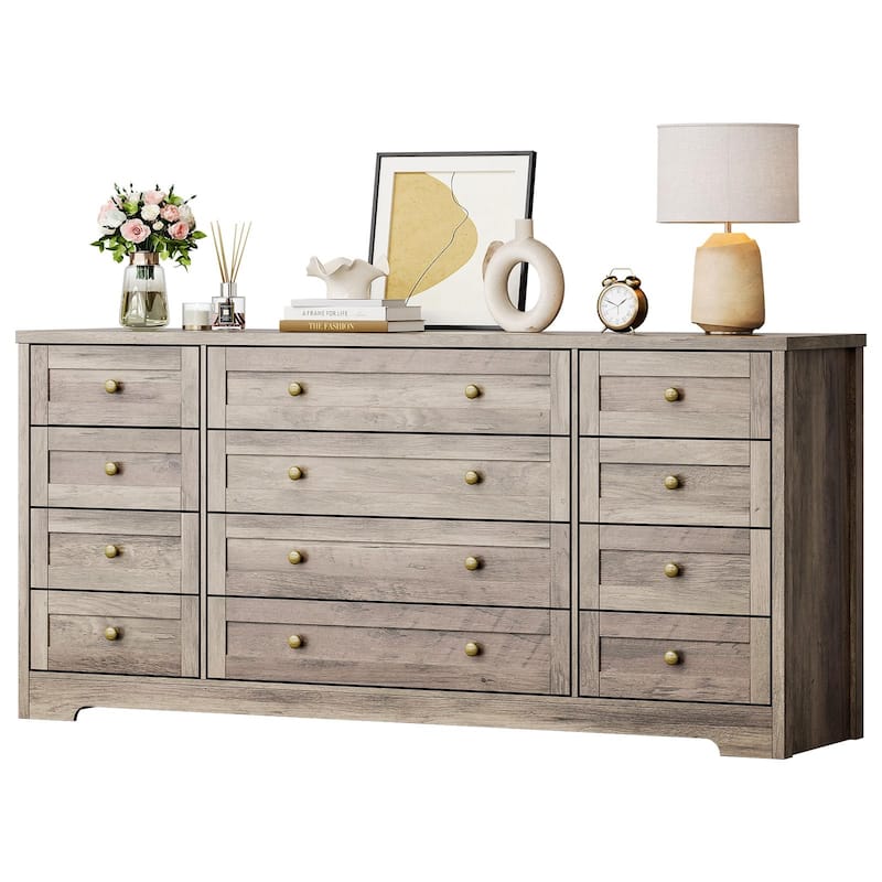 12 Drawer Dresser for Bedroom, Modern Wood Chest with Wide Top for 65" TV, Farmhouse Storage Cabinet