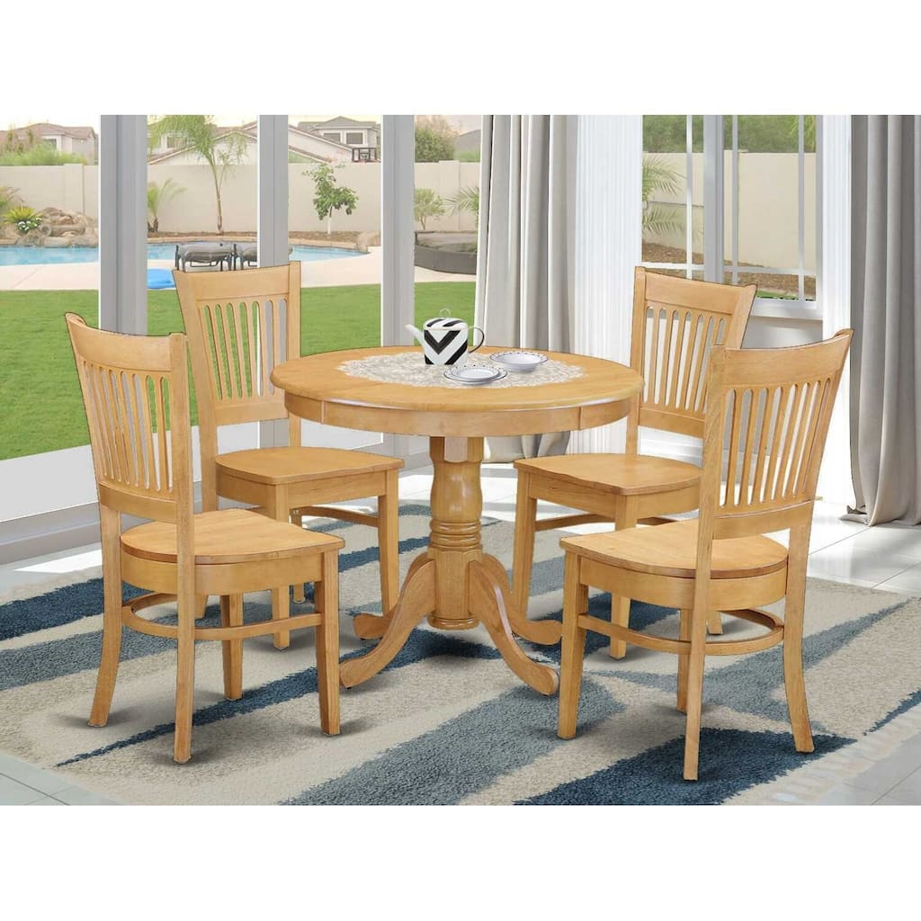 HomeStock 5-Pc Round Natural Oak Finish Solid Wood Top Dining table with 4 Chairs
