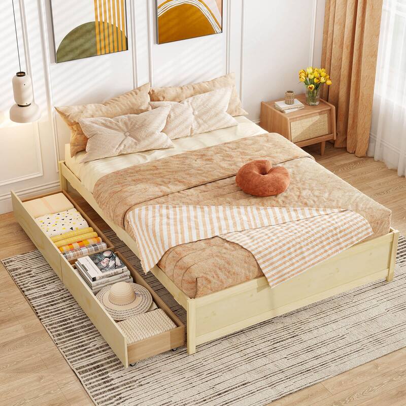 Costway Full/Queen Size Wooden Platform Bed with 2 Rolling Storage