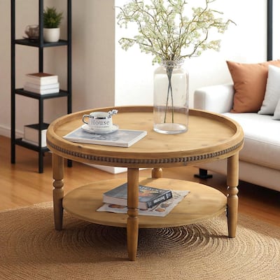 31.3" Round Boho Coffee Table - Rustic 2-Tier Wood Accent Table with Storage Shelf & Beaded Edge