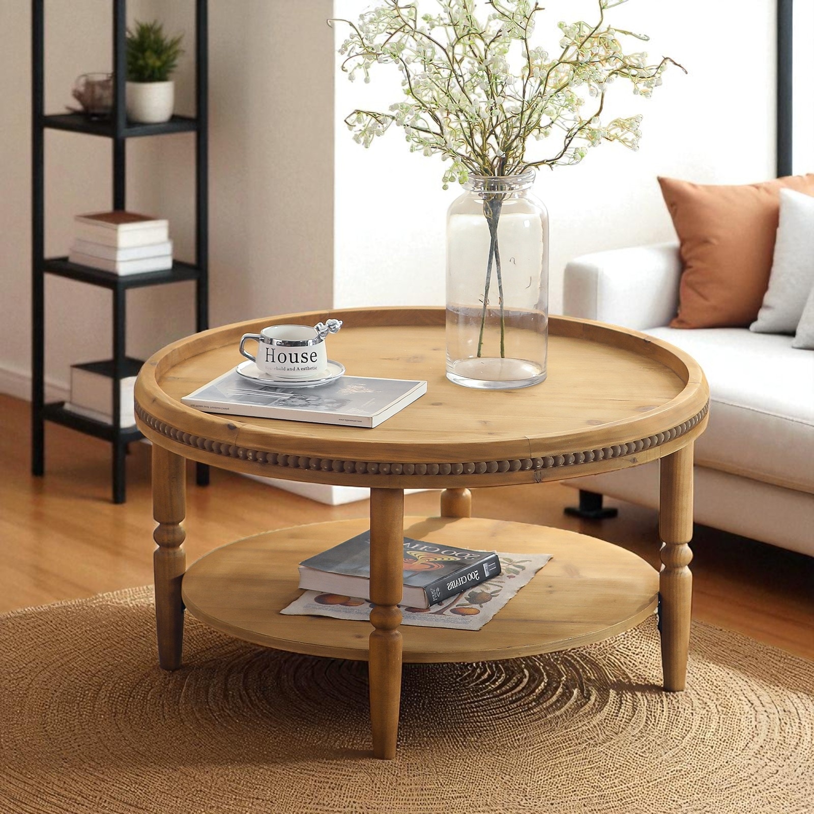31.3" Round Boho Coffee Table - Rustic 2-Tier Wood Accent Table with Storage Shelf & Beaded Edge