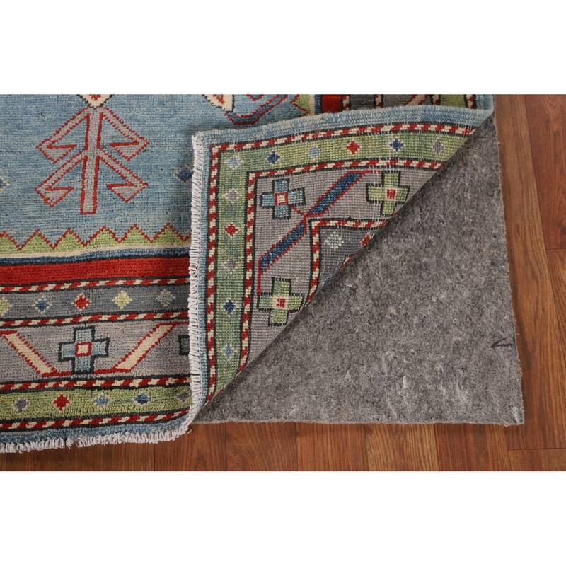 Light Blue Geometric Kazak Foyer Rug Hand-Knotted Wool Carpet - 3'6" x 5'3"