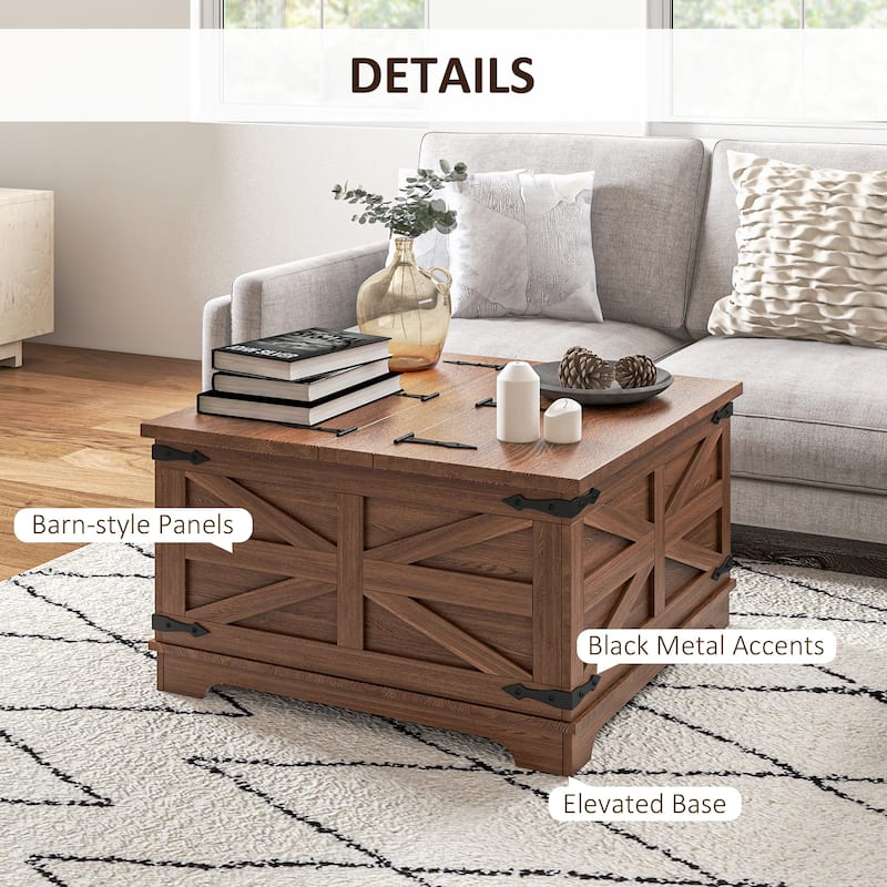 HOMCOM Farmhouse Coffee Table with Storage, Center Table with Hinged Lift Top and Hidden Space, Square Coffee Table