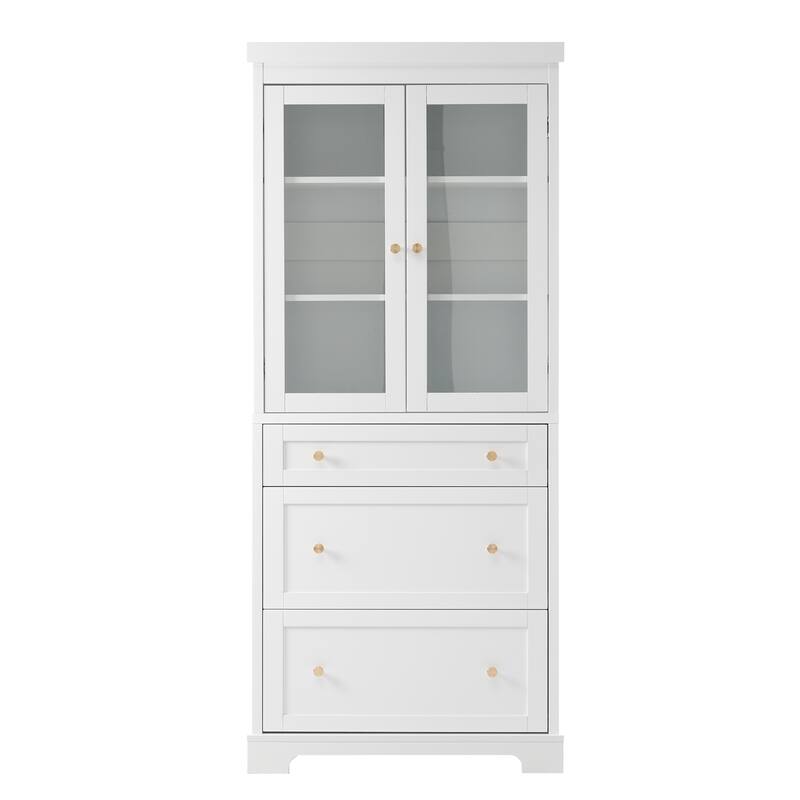 70.1" Tall Bathroom Floor Storage Cabinet, Freestanding Cabinet with Soft Close Glass Doors, Adjustable Shelves