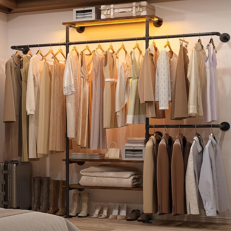 87"W Industrial Pipe Clothing Racks with LED Lights & Open Shelves,Reversible Walk-in Closet Oraganizer System Garment Racks - Rustic Brown