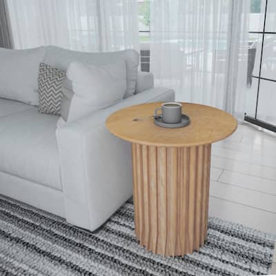 Sejo Side End Table 20 Inch Round Top with Fluted Base in Natural Brown Mango Wood