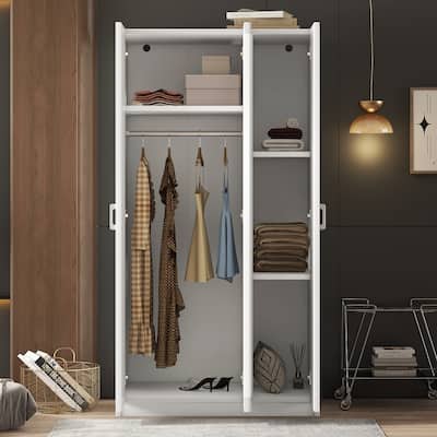 3-Door Wardrobe with Mirror, Hanging Rod & Shelves, Bedroom Armoire, White