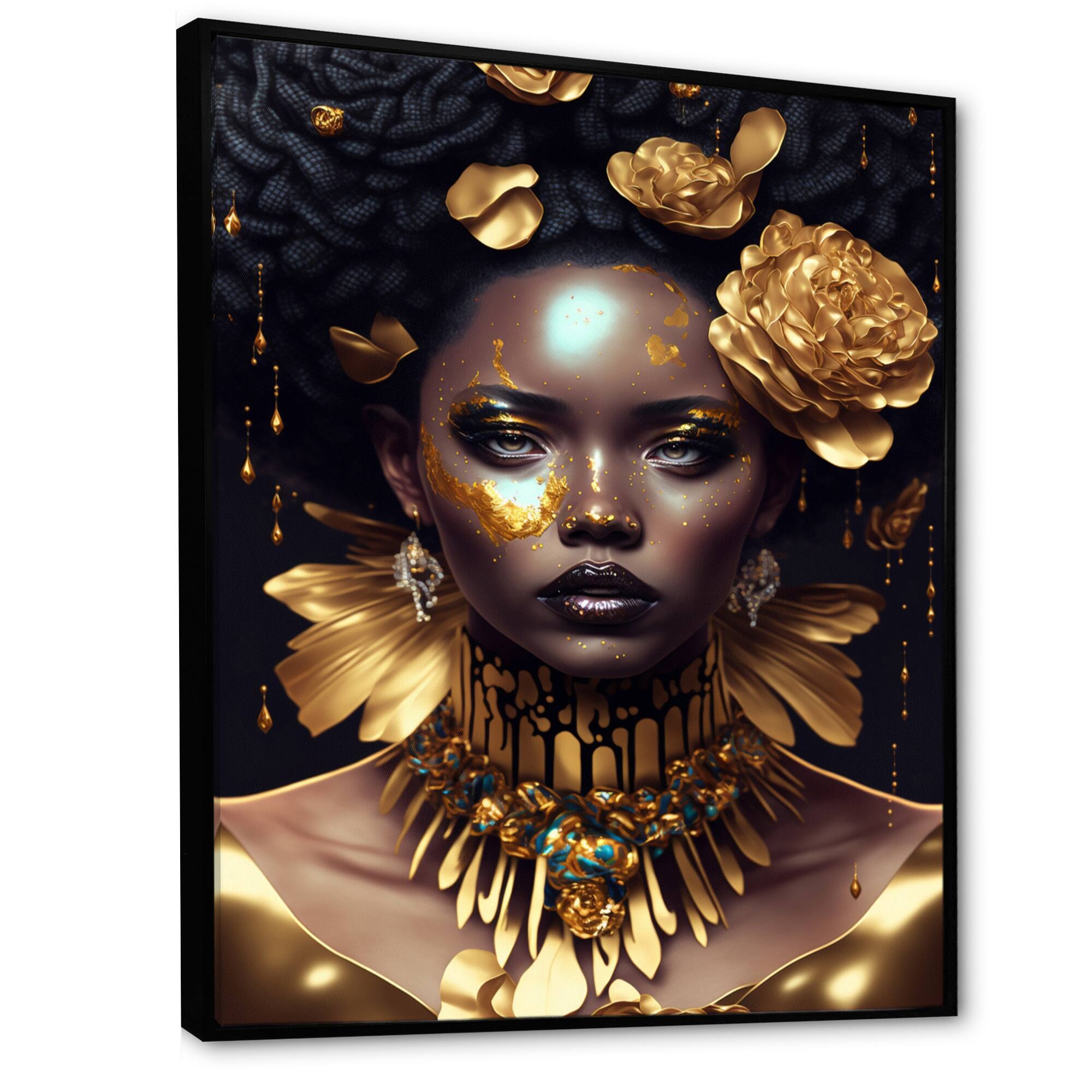 Designart "Gold And Black Floral Woman VI" Contemporary Glam Framed
