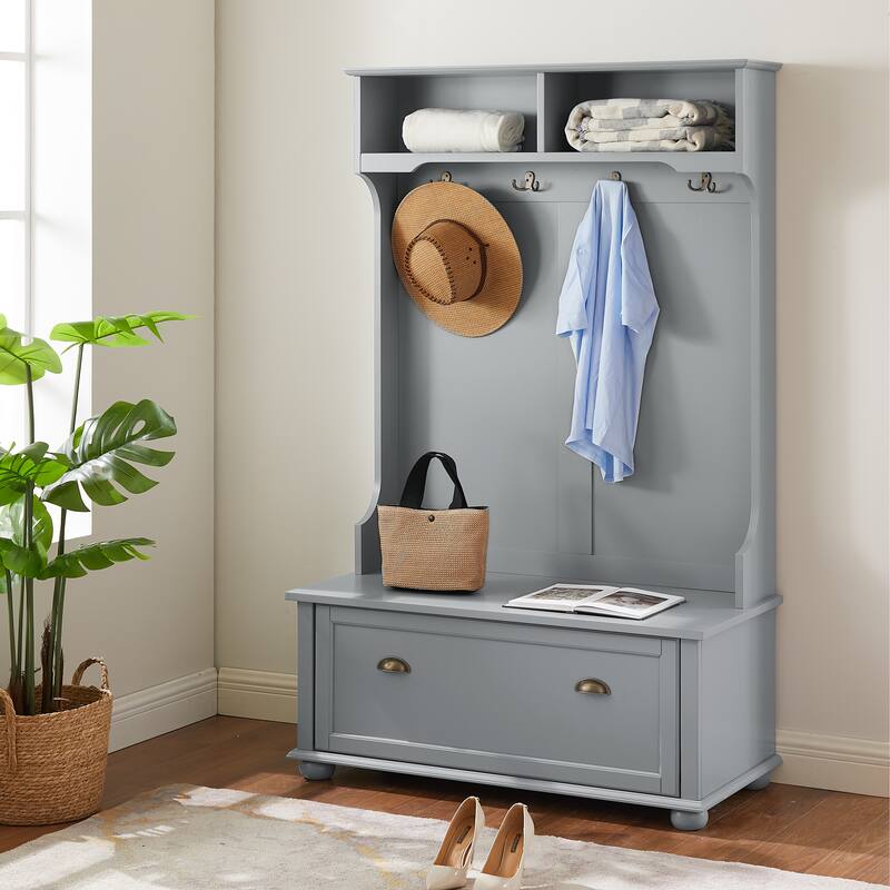 Modern Classic Hall Tree with Shoe Rack Bench and Coat Hooks for Hanging Storage - Gray