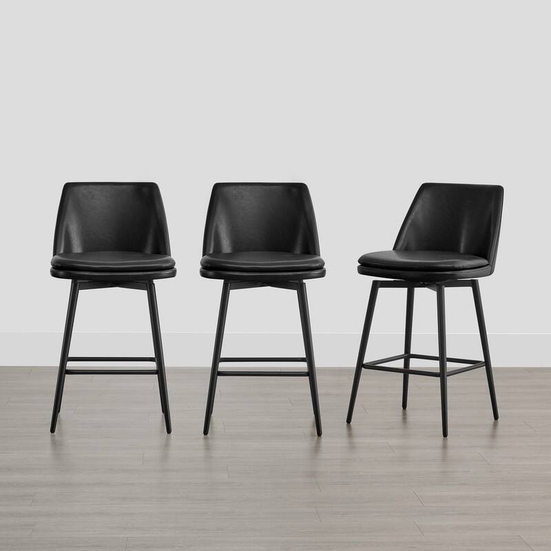 Ariel Counter Height Swivel Barstool Set - Set of 3 - Black Faux Leather - Counter Height