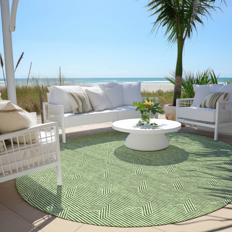 Machine Washable Indoor/ Outdoor Chantille Contemporary Stripe Rug - Green - 8' x 8'