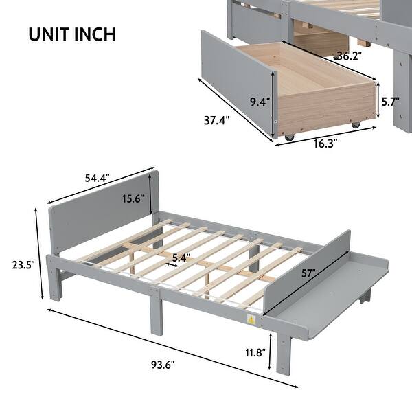 dimension image slide 0 of 4, Stylish Twin/ Full Size Platform Bed Frame with Footboard Bench and 2 Storage Drawers, Pine Wood Platform Bed Frame for Bedroom