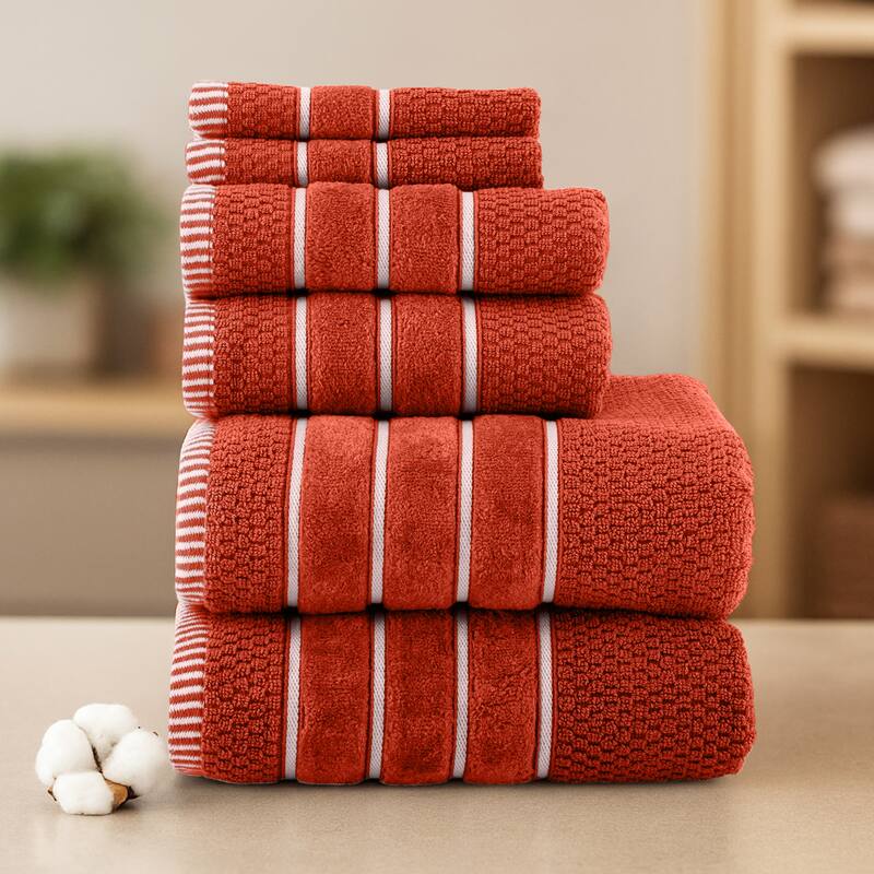 6-Piece Towel Set - Combed Cotton Rice Weave Bathroom Accessories by Lavish Home (Brick)