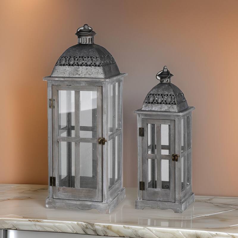 Wood and Metal Lanterns with Glass Window Pane Design, Gray, Set of 2
