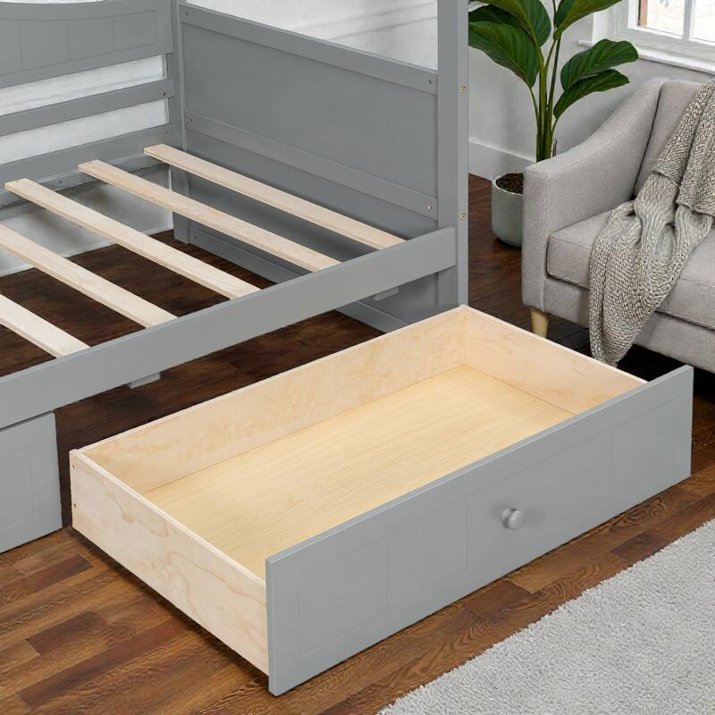 Twin Size Wooden Canopy Daybed with 2 Storage Drawers, Solid Pine Wood Frame with Backrest, Space Saving Design