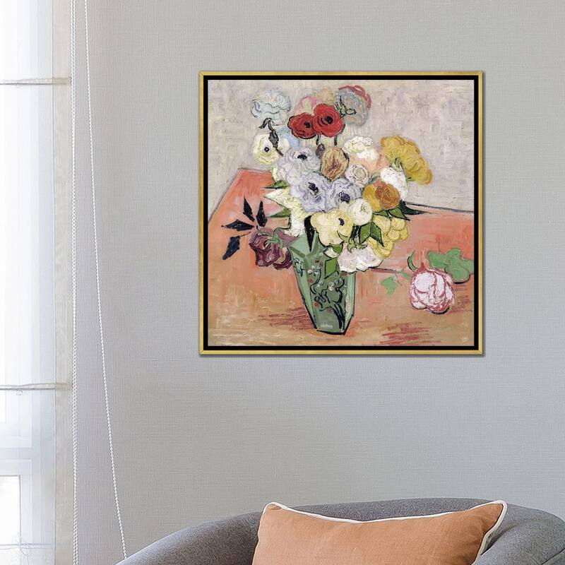 iCanvas "Japanese Vase with Roses and Anemones, 1890 " by Vincent van Gogh Framed Canvas Print