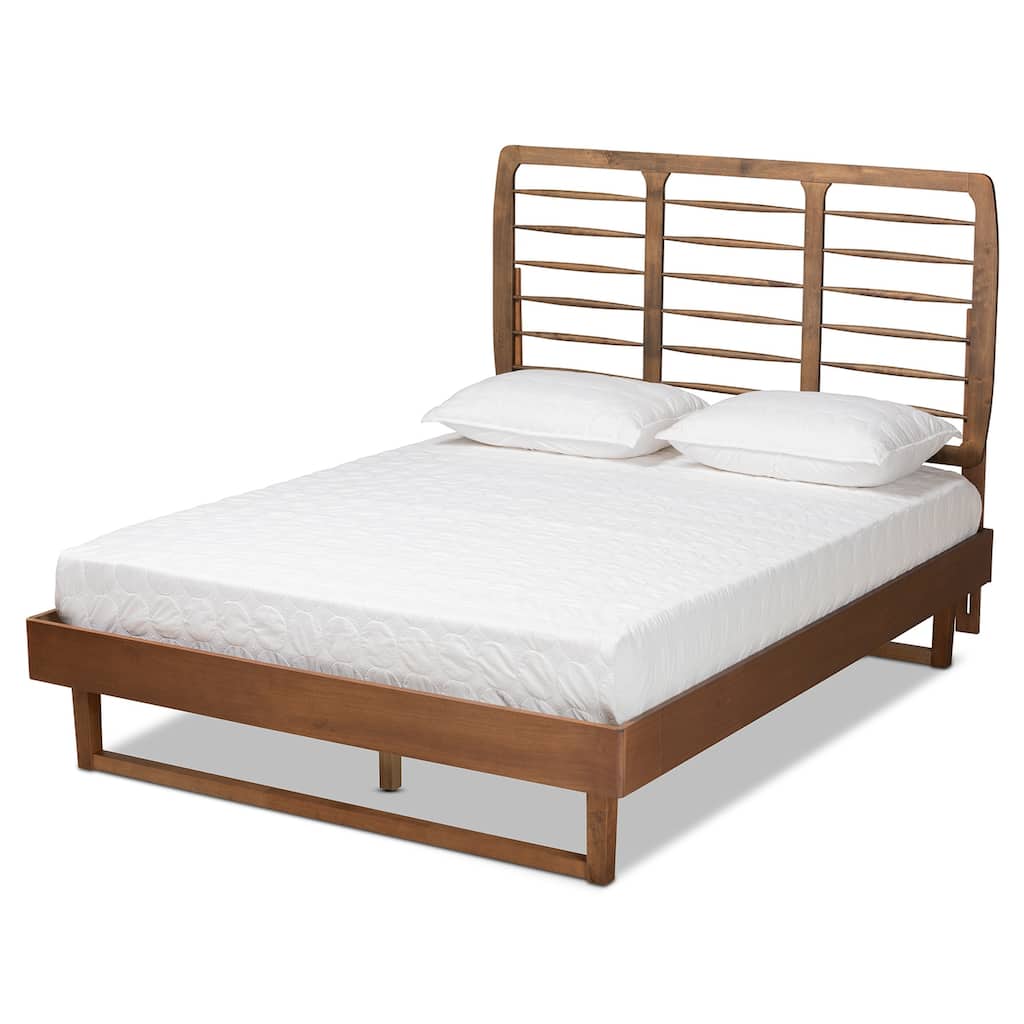 Modern Full Size Platform Bed - Walnut Brown Wood Bed Frame - Low Profile Bed for Bedroom Decor