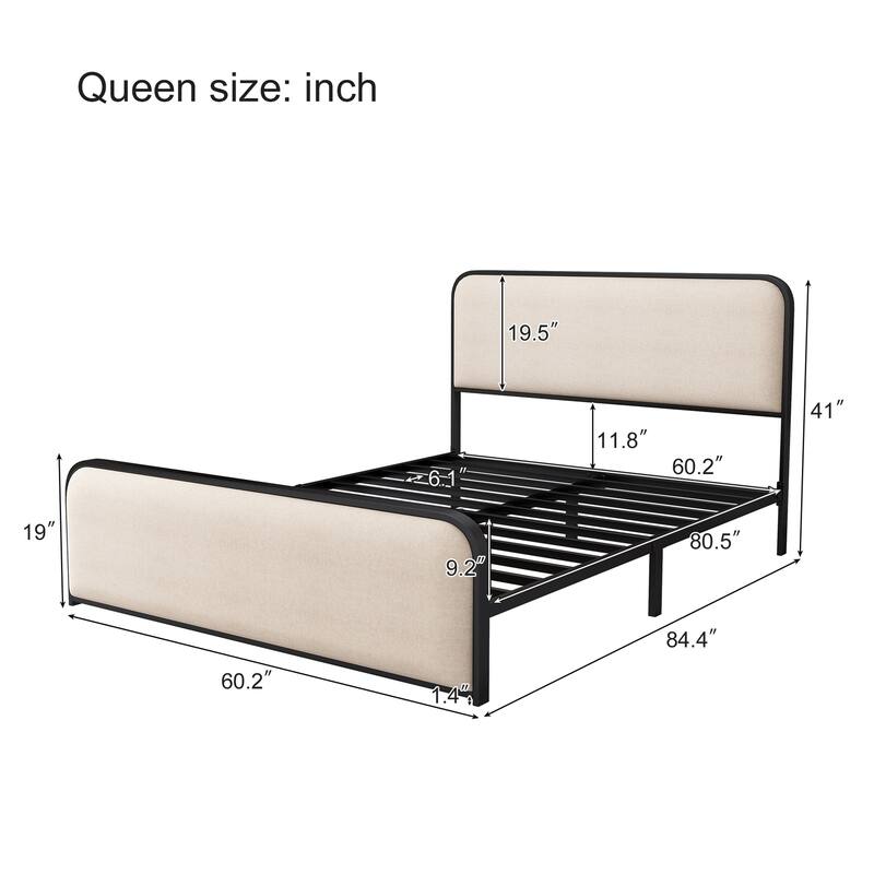 Queen Size Metal Bed Frame with Curved Upholstered Headboard