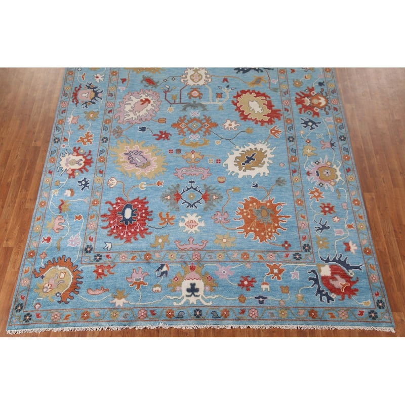 Blue Floral Oushak Area Rug Handmade Oriental Wool Carpet - 8'10"x 11'9"