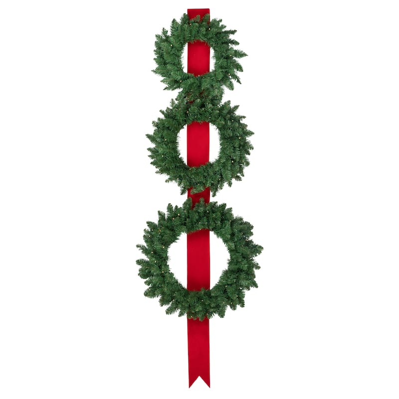 3 Battery Operated Wreaths on Red Ribbon Christmas Decoration, 6.5'