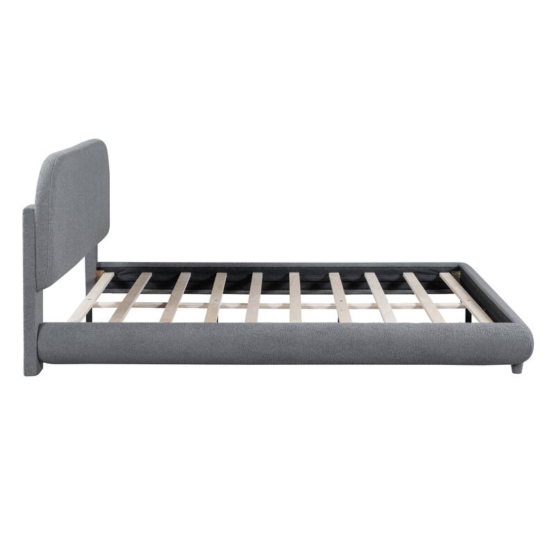 Queen Size Upholstered Platform Bed with Curve-shaped Design and Teddy Fleece Fabric, Gray