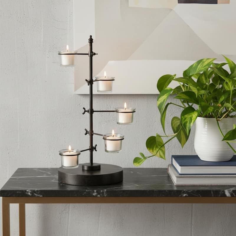 17" Black Distressed Abstract Metal Tabletop Tealight Candle Holder - Black