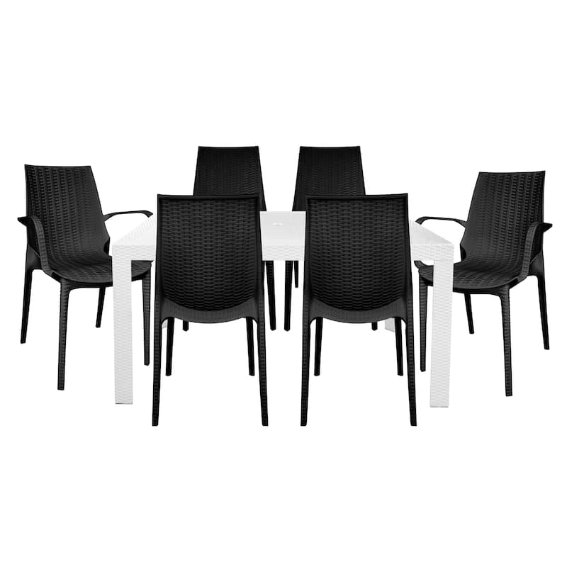 LeisureMod Kent 7-Piece Outdoor Dining Set with 4 Chairs 2 Arm Chairs - 28" - White/Black