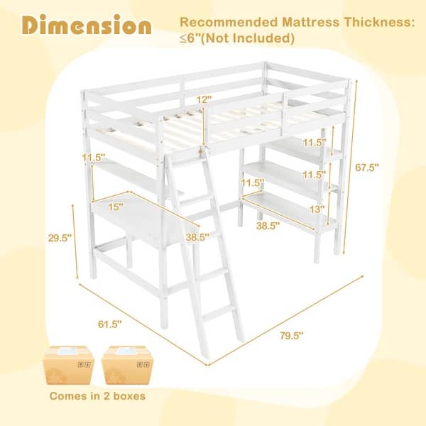 dimension image slide 0 of 2, Twin Size Loft Bed with Desk and Bookshelves for Kids and Teens