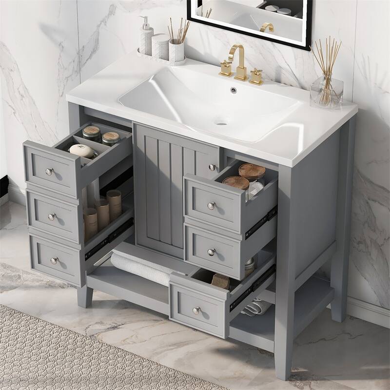 36" Bathroom Storage Wood Vanity Cabinet with Ceramic Sink and Shelf - Grey