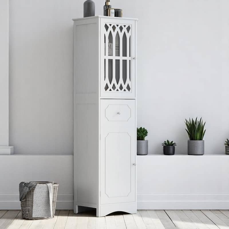 Freestanding Bathroom Storage Cabinet with 2 Doors and Drawer, Adjustable Shelf, Acrylic Panel, MDF Frame - White