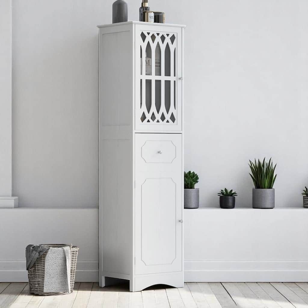 Freestanding Bathroom Storage Cabinet with 2 Doors and Drawer, Adjustable Shelf, Acrylic Panel, MDF Frame