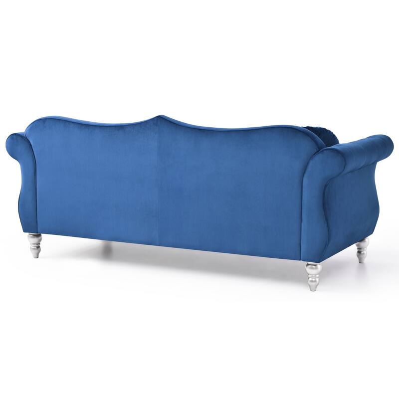 Velvet Tufted Chesterfield 3-Seater Sofa with Throw Pillows - 82" - Blue