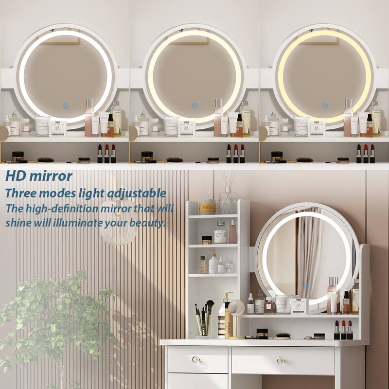 Timechee 31.5" Wide Makeup Vanity Set with Stool, Mirror,3 Color Light - 31.5"W