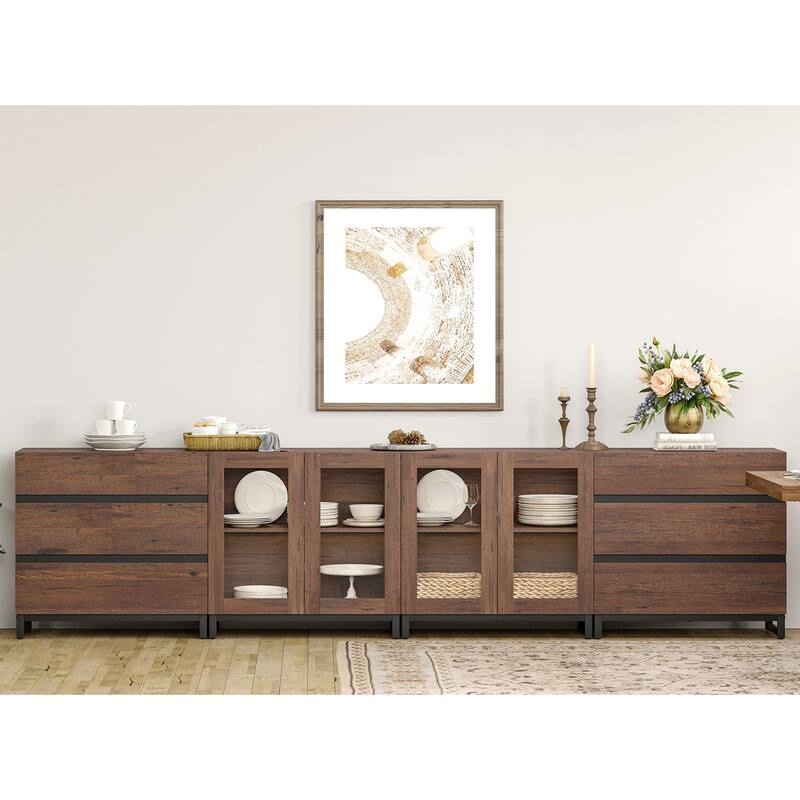 4 in 1 Storage Cabinet with 6 Drawers & Glass Doors, Modern Sideboard Credenza with Adjustable Shelves, Coffee Bar for Kitchen
