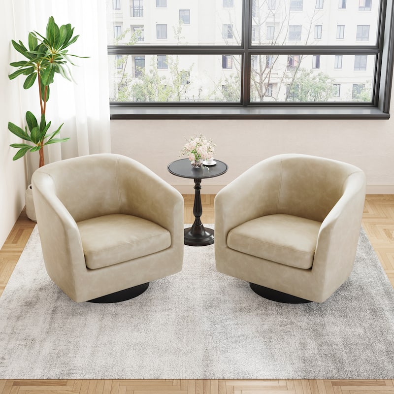 Faux Leather Wide Seat Swivel Barrel Chair - 2 Set - Cream/2 Set