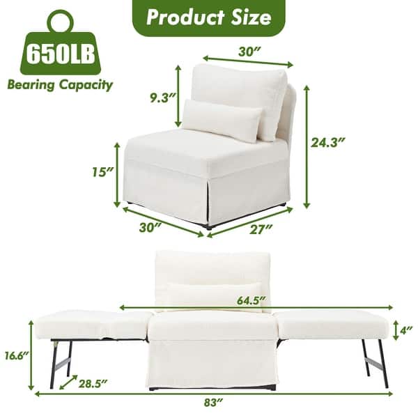 dimension image slide 1 of 5, 5-in-1 Convertible Multi-fuction Sofa Chair Bed Sleeper